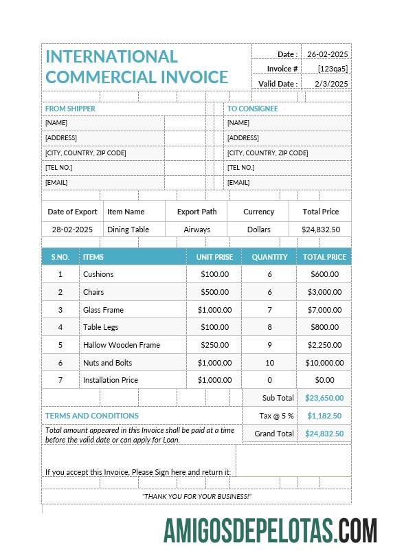 realista Modelo de fatura comercial internacional